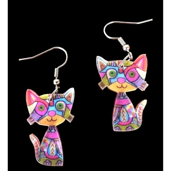 Whimsical Cat Earrings New Multicolor Kitty Lover Dangle Hooks Christmas… - Picture 1 of 6